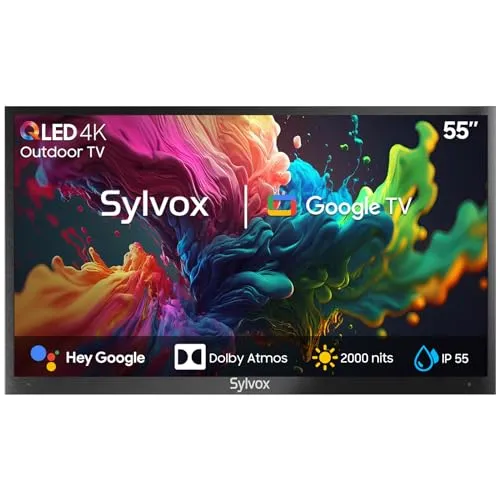 SYLVOX 55 Zoll Outdoor TV, 4K UHD QLED Google Outdoor Fernseher, 2000 Nits, Sprachassistent, Dolby Atmos, IP55 Wasserdicht TV für Garten, Terrasse, Pool &Gewerberäume(Pool Pro 2.0 QLED)