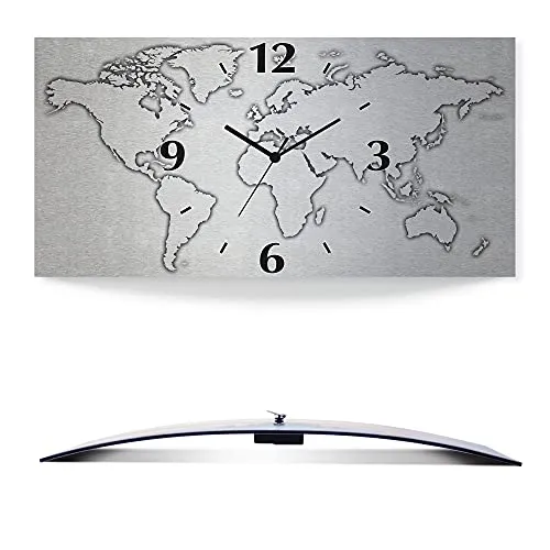 ARTLAND Wanduhr Weltkarte lautlos 50x25 cm - Moderne Wanddeko im Aluminium-Design, geräuschloses Uhrwerk für eine entspannte Atmosphäre, ideal für Schlafzimmer und Wohnzimmer.