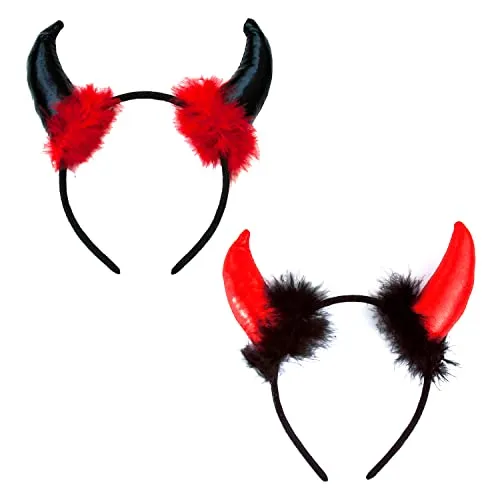 Oblique Unique® Teufel Haarreifen Set 2x Haarreif mit Teufelshörnern Hörner Ohren für Halloween Fasching Karneval Teufel Kostüm Accessoires Schwarz Rot