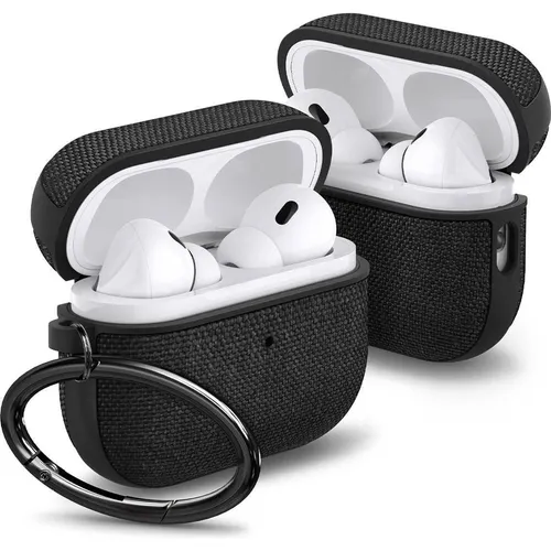 Spigen Urban Fit - Black Case für AirPods Pro 2 - Audio-Zubehör mit komfortablem Grip, minimalistischem Design und weicher Mikrofaser-Innenseite für Schutz. Inklusive Karabiner für einfache Tragbarkeit und kabelladesfähig.
