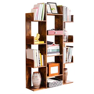 Vasagle Bücherregal LBC67BX, Vintage Holzregal mit 13 Fächern - Büroregal in Baumform mit rustikalem vintage-braun. 2 offene und 4 geschlossene Fächer bieten viel Stauraum, ideal für Bücher und Dekoration.