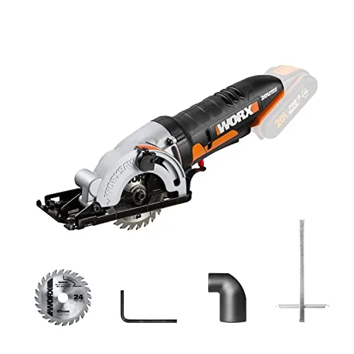 Worx Akku-Handkreissäge WX527.9 WorxSaw - Tauch- & Sägeschnitte bis 27 mm - Sägen, leistungsstarke Akku-Handkreissäge für präzise Tauch- und Sägeschnitte in Holz, PVC und Stahl, ideal für DIY-Projekte.