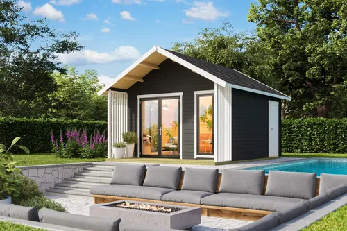 Gartenhaus Blockhaus Murano 1 grau 520x448 cm - Gartenhaus mit 44 mm Wandstärke und Satteldach, ideal für Gartenliebhaber. Abschließbar und mit viel Stauraum (15,29 m²) für Ihre Gartenutensilien.