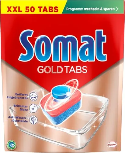 Henkel AG & Co. KGaA Somat Gold Geschirrspültabs, kraftvoll gegen Eingebranntes, Spülmaschinentabs für sauberes und geruchsneutrales Geschirr, 1 Beutel = 50 Tabs S50G