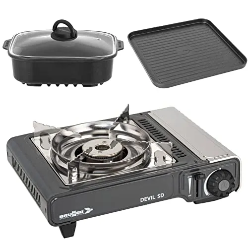 BRUNNER Gas-Kochplatte Einflammig Outdoor Set - Kompakt & Mobil - Kochfelder für Outdoor-Abenteuer: Mit Piezozündung, Zündsicherung und vielseitigem Zubehör verwandelst Du Deinen Gaskocher in eine mobile Camping-Küche oder Grill.