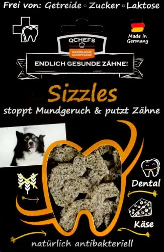 QCHEFS 1X Sizzles: Antibakterielle Hunde Zahnpflege - Hundekuchen, Kekse & Kausnacks - Getreidefreie, hypoallergene Leckerlis zur Bekämpfung von Mundgeruch und Unterstützung der Zahnhygiene.