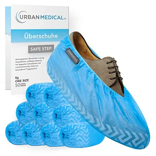 URBAN MEDICAL 50x Atmungsaktive 6g Einweg/Mehrweg Schuhüberzieher mit rutschfester Sohle - SAFE STEP - Reißfest & durchriebsicher - Überschuhe für In- und Outdoor - ONESIZE