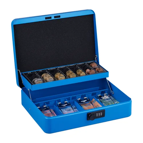 relaxdays Geldkassette mit Zahlenkombination Euro, Blau - Card-Reader für sichere Bargeldaufbewahrung, ideal für Flohmärkte und Veranstaltungen. Mit 3-stelligem Zahlenschloss und herausnehmbarem Münzbrett für schnellen Zugriff.