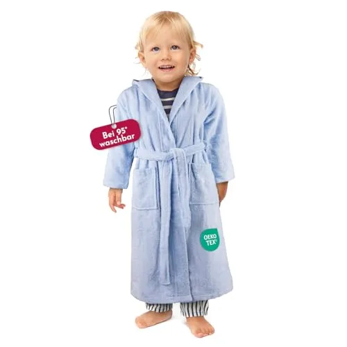 Clinotest Kinderbademantel aus Frottee – Weicher Bademantel mit Kapuze aus 100% Baumwolle, saugfähig und flauschig, ideal für Jungen und Mädchen, mit Bindegürtel, maschinenwaschbar – Pastellblau