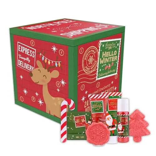 Accentra – Pflege Adventskalender 2025 für Jungen & Mädchen mit 24 Pflegeprodukten – Adventskalender Beauty mit Bodylotion, Badebomben, Duschgel, Shampoo, Lip Balm, Handcreme – Weihnachtskalender Rot