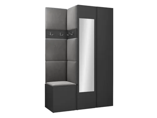 Mirjan24 Garderoben-Set Monati XXVI, Kleiderschrank mit Spiegel, Schuhschrank, 4 Doppelhaken, Kleiderhakenbrett, Gepolstertes Paneel/Wandpaneel, Flurgarderobe Wandgarderobe (Graphit, Manila 16)