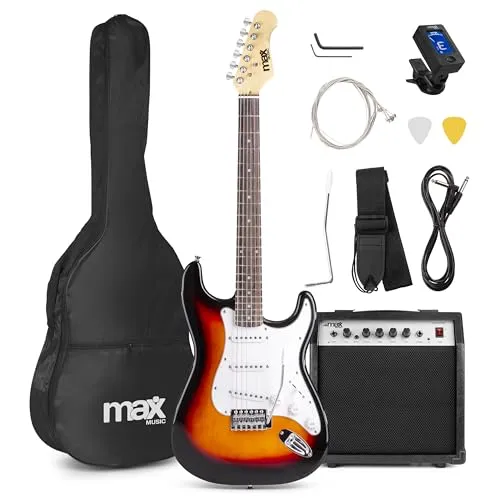 Max GigKit E Gitarre Set, E Guitar, Elektrogitarre mit Verstärker 40 Watt, Gitarrentasche, Plektrum, Gurt, Stimmgerät, Instrumentenkabel, Ersatzsaiten, 4/4 Electric Guitar, E Gitarren Set Sunburst