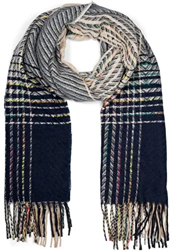 styleBREAKER Damen Feinstrick Schal mit bunt gestreiftem Zick-Zack Muster und Fransen, warme Winter Stola mehrfarbig 01017149, Farbe:Beige-Dunkelblau