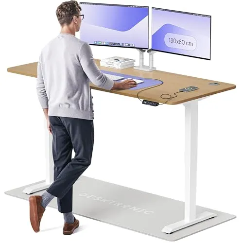 Desktronic Höhenverstellbarer Schreibtisch aus massivem Eichenholz (180x80cm) – Elektrisch höhenverstellbar mit flüsterleisem Dual-Motor & Touchscreen – Hohe Tragfähigkeit – Stehtisch HomePro