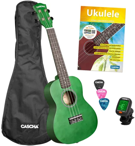 Cascha Concert Uke Linden Set GRN - Die perfekte Ukulele für Einsteiger - Sonstige Zupfinstrumente; Inkl. Gigbag, Stimmgerät und Ukulelenschule in 4 Sprachen - ideal für Anfänger!