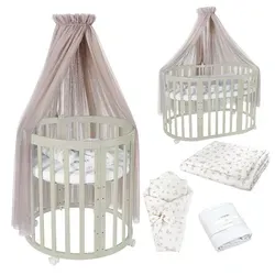 Mitwachsendes Babybett in Olivgrün und Taupe - Ökologisches Babybett aus Buchenholz, 5-fach höhenverstellbar, ideal als Beistellbett oder Laufstall, inkl. Sicherheitsgurt und 3-teiligem Matratzen-Set. Perfekt für Babys von 0-36 Monaten.