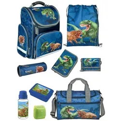 Familando Schulranzen 1. Klasse - Ergonomischer Tornister mit Dino-Motiv - 9-teiliges Set für Jungen und Mädchen, inklusive Sporttasche und Regenschutz. Leicht, ergonomisch und ideal für die Einschulung. Perfekt für kleine Dino-Fans!