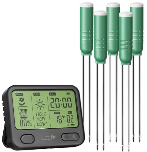 Royal Gardineer 4in1-Funk-Boden-Feuchtigkeitsmesser-Set - Bodenmessgeräte mit 5 Sensoren zur genauen Messung von Feuchtigkeit, Temperatur und Lichtverhältnissen – ideal für Pflanzen im Innen- und Außenbereich, kabellose Verbindung bis 100 m.