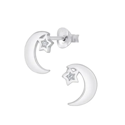 Monkimau - Mond Stern Ohrringe, Ohrstecker, Ohrschmuck - aus 925 Sterling Silber - Motivgröße ca. 7 x 9 mm - für Damen und Mädchen - handgefertigt, hypoallergen und kleine Geschenkidee