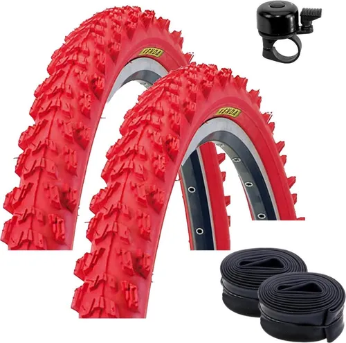 Kenda MTB K-829 Fahrradreifen in Rot 50-559 (26 x 1.95) + 2 passende Schläuche DV inkl. maxxi4you Fahrradklingel 2 x