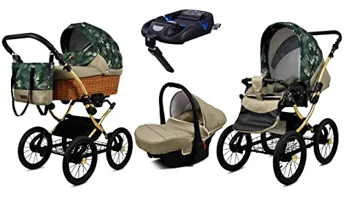 BabyLux Kinderwagen 4in1 mit Autositz für Kleinkinder – Kinderwagen für Neugeborene und Kleinkinder –– Baby Neugeborenen Kinderwagen – ISOFIX Autositzbasis – Max 15kg – Fern Leaf Gold Frame