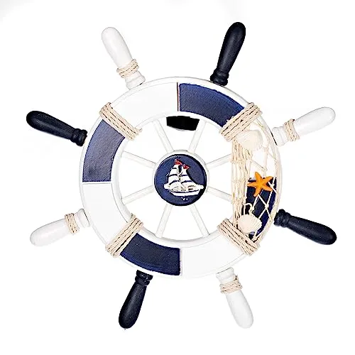 Birendy Holzdeko Steuerrad in Blau Weiß mit maritimen Keramikapplikationen Durchmesser 33cm Perfekte Maritime Dekoration (3-Schiff-Seestern)