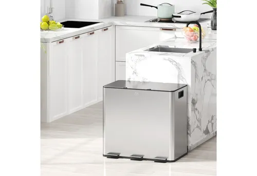 HOMCOM Mülleimer 3 x 15 L - Treteimer mit Softclose-Deckel - Haushaltszubehör: Dreifach-Mülltrennsystem mit 3 x 15L-Fächern, Softclose-Deckel für leisen Gebrauch und fingerabdruckfreiem Edelstahl für ein elegantes Aussehen.