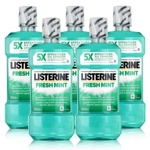 Listerine Fresh Mint 500ml - 5er Pack Mundspülung für frischen Atem - Mundspülungen - Listerine Fresh Mint sorgt mit ätherischen Ölen für bis zu 12 Stunden frischen Atem und tötet bis zu 97% der Bakterien. Ideal für die tägliche Mundpflege!