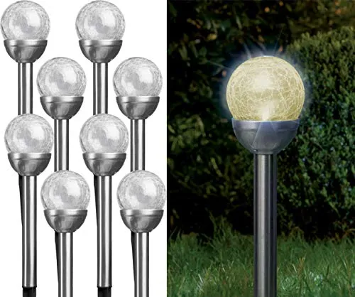 Bonetti Solarlampen für außen aus Edelstahl mit Bruchglas-Kugel, warm-weiße und bunte LED, kabellos, dekorative wetterfeste Solarleuchte für den Garten, Terrasse und Balkon (8er Set, warm-weiß)