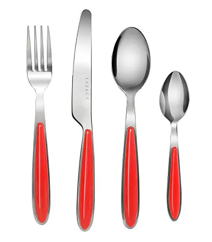 EXZACT Rostfrei Stahl Besteck Set einem Plastikhalter 24 PCS - Farbige Griffe - 6 Gabeln, 6 Messer, 6 Löffel, 6 Teelöffel - Rot (EX07 x 24)