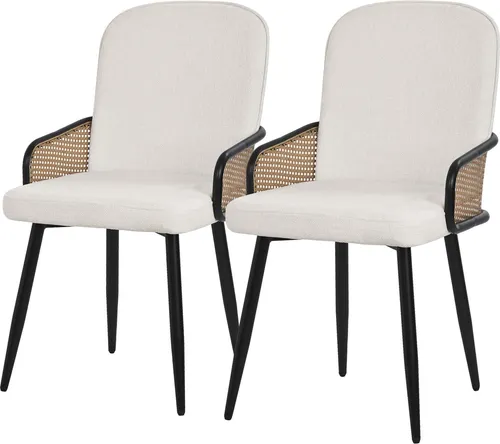 ML-Design Esszimmerstühle 2er Set Beige Stoffbezug Küchenstuhl mit Rattan Optik-Armlehnen Gepolsterte Stühle mit Metallbeinen Sessel ergonomisch