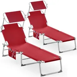 Sonnenliege Ibiza 2er-Set Rot mit Sonnendach - Bequeme Alu Gartenliege im 2er-Set mit stufenlos verstellbarem Sonnendach. Ideal für Garten, Strand oder Camping, platzsparend klappbar und mit praktischer Seitentasche für deine Essentials.