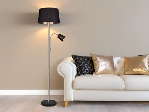 Elegante Stehleuchte Silber matt mit Leselampe - Standleuchten & Deckenfluter mit flexibler Leselampe und edlen Stoffschirmen in Schwarz/Gold, perfekt für gemütliche Leseecken.