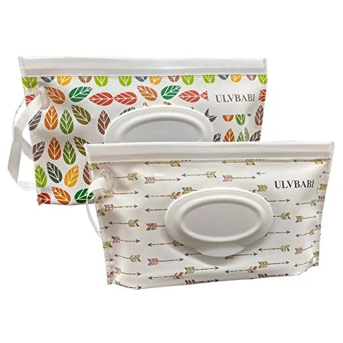 Tragbarer Feuchttücher-Spender (2 Stück), wiederverwendbare Baby-Windel Entsorgungsbeutel, nachfüllbar, persönlicher Reise-Clutch-Spenderhalter | hält Feuchttücher feucht (Blatt- und Pfeilmuster)
