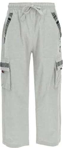 GURU SHOP Yogahose - Ethnostyle Hellgrau für Herren - Leichte Wanderhose aus Baumwolle mit elastischem Bund, ideal für Yoga und Freizeit. Traditionelle nepalesische Webbordüren geben ihr einen einzigartigen Look.