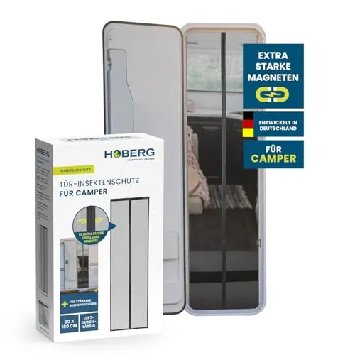 Hoberg Tür-Insektenschutz für Camper - 60 x 180 cm - Schwarz - Effektiver Insektenschutz für Camper, der lästige Mücken und Fliegen fernhält. Mit 14 starken Magnetbändern schließt der Vorhang automatisch. Einfache Montage mit selbstklebendem Klettband – ideal für jedes Campingabenteuer!