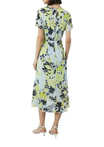 comma Antailliertes Midikleid mit Volants und All-Over-Print - Damen-Kleider, elegantes Midi-Kleid mit Futter aus Webware und festlichem Alloverprint, ideal für besondere Anlässe und entspannte Urlaubslooks.