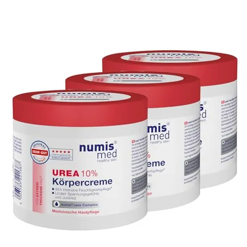 numis med 3x Urea Creme 10 Prozent 400 ml - Intensivpflege für sehr trockene Haut - Bodycremes mit 10% Urea für bis zu 48 Stunden Feuchtigkeit - Ideal bei extrem trockener Haut, dermatologisch getestet und ohne Silikone oder Parabene.