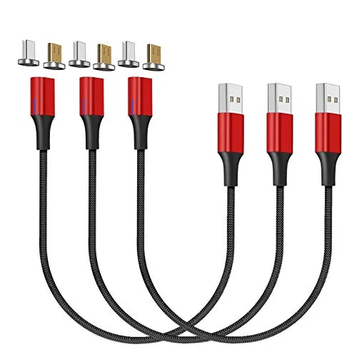 NetDot Gen10 Micro USB und USB-C Nylon-geflochtenes magnetisches Schnellladekabel mit seitlicher LED kompatibel mit Android-Gerät (0.3m/3 Pack rot)
