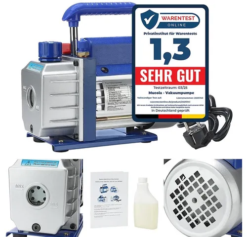 Mucola Vakuumpumpe 70 l/min für Klimaanlagen - Klimageräte-Halterungen, leistungsstarke Vakuumpumpe mit Aluminiumgehäuse und integriertem Öl-Schauglas für präzise Wartung von Klimaanlagen und Kühlsystemen.