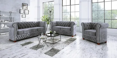 S-STYLE MÖBEL - Chesterfield Jutta Polstergarnitur 3+2+1 aus Grau Samt - Couchgarnituren mit eleganten Metallnieten und robusten Holzfüßen, ideal für stilvolle Entspannung und gesellige Momente. Lieferung bis in die Wohnung inklusive Entsorgung des Verpackungsmaterials.