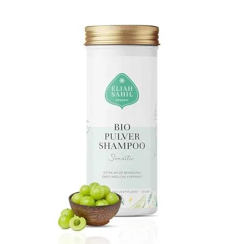 ELIAH SAHIL Bio Sensitiv Shampoo Pulver - 100gm, Hypoallergen, Antischuppen, pH-neutral – Aloe Vera, Kamille & Tonerde – Zero Waste, Vegan, Nachfüllbar, Ohne Sulfate oder Duftstoffe