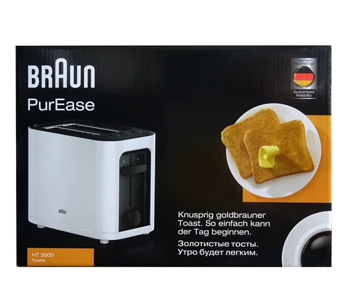 Braun Toaster PurEase HT3000 - 1000 Watt - Toaster für 2 Scheiben, elegante weiße Farbe und 1000 W Leistung für schnelles Toasten, ideal für jeden Frühstückstisch.