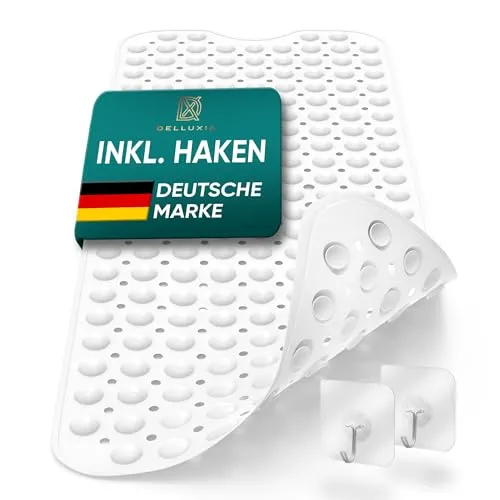 Delluxia Badewannenmatte rutschfest 100 x 40 cm inkl. 2 Haken, Antirutschmatte Badewanne Badewanneneinlage, Anti Rutsch Badewanne Matte Farbe Weiß, BPA frei, Badewanneneinlage Kinder & Erwachsene