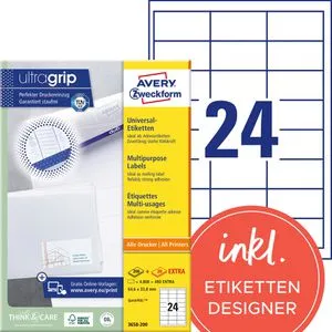 Zweckform 3658-200 Avery Etiketten - 5280 Stück, 64.6x33.8 mm - Etiketten für alle Drucker, ultragrip-Technologie sorgt für perfekten Druckereinzug und staufreies Drucken. Ideal für Stapelverarbeitung und umweltfreundlich produziert.
