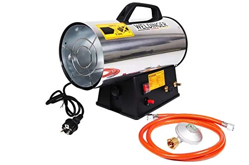 WELDINGER Gasheizkanone 13,3 kW Edelstahl mit Piezozündung - Komplette Heizlösung mit 13,3 kW Nennleistung, inklusive Schlauch und Regler. Robuste Edelstahlkonstruktion und hohe Sicherheit durch Piezozündung. Ideal für Baustellen und gut belüftete Räume.