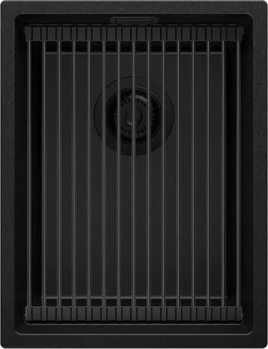 PRIMAGRAN Spülbecken Alles Schwarz 36x47cm - Granitspüle mit Abtropffläche - 1 Becken Spüle mit XL-Becken für viel Platz, kratzfest und langlebig, inklusive Ablauf-Set und praktischer aufrollbarer Abtropffläche - ideal für Küchen ab 40 cm Unterschrank.