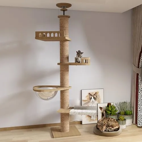 Md Kratzbaum deckenspanner,Raumkapsel,Katzenhängematte, Vollständig mit Sisalseil umwickelt,Breite von 11CM,Kratzbaum deckenhoch (240~250CM,265-275CM T04) hoher Katzenbaum