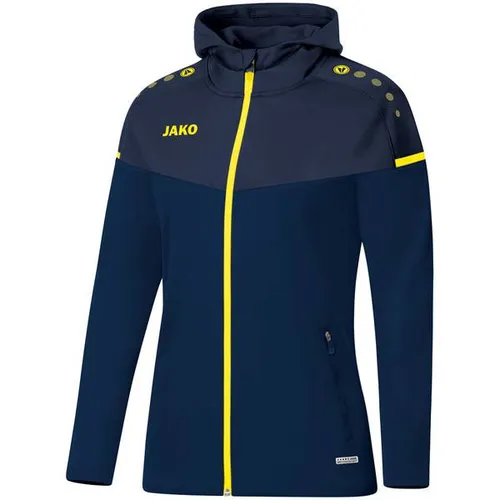 JAKO Kapuzenjacke Champ 2.0 Damen - Stylische Kapuzenjacke in marine/darkblue/neongelb – Ideal für Training und Freizeit mit praktischen Reißverschlusstaschen und modernem Colourblock-Design.