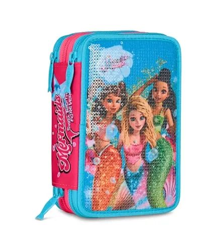 Seven Mermaid Magic Federmäppchen für die Schule mit 3 Reißverschlüssen, hellblau, dreifach Fach mit Stiften, Bleistiften, Farben, Grundschule, Mädchen, himmelblau, Modern